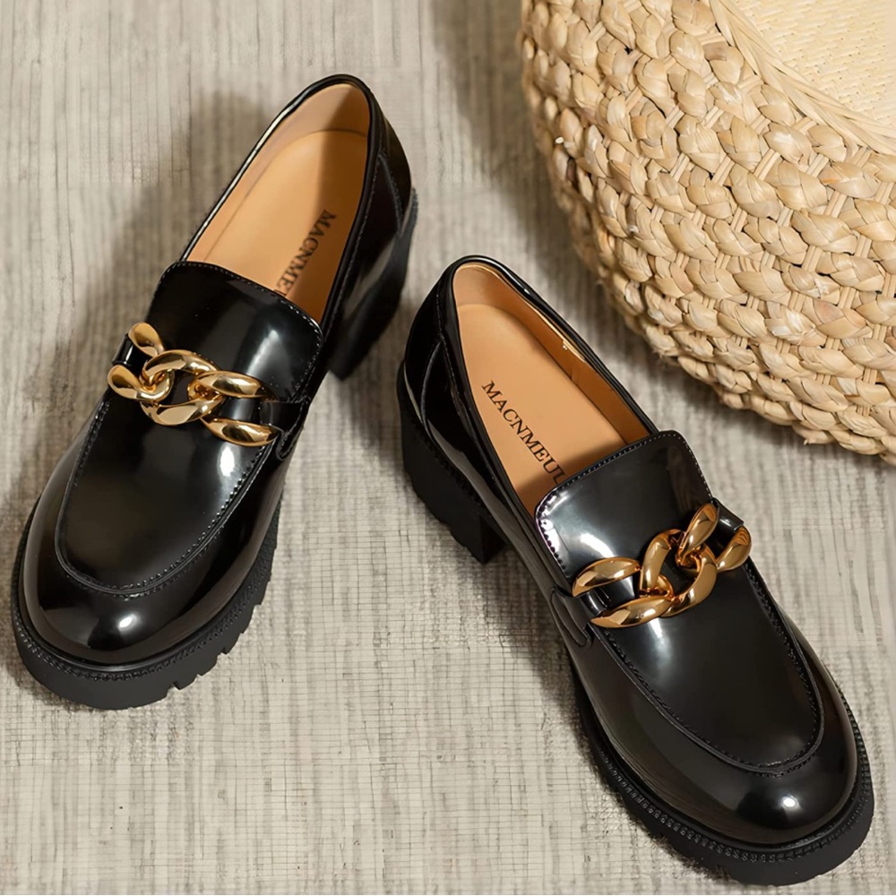 MACNMEUU Chunky, Slip-on Platform Loafers for Women with Chain Faux Leather